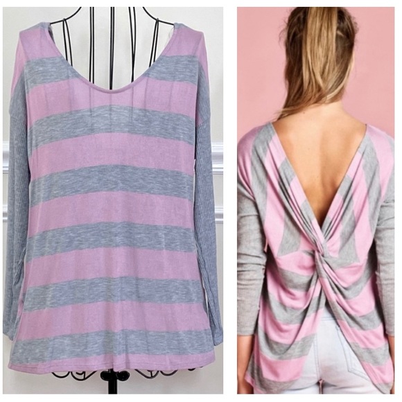 ODDI Tops - SALE ODDI Heather Gray Pink Stripe Twist Back Top